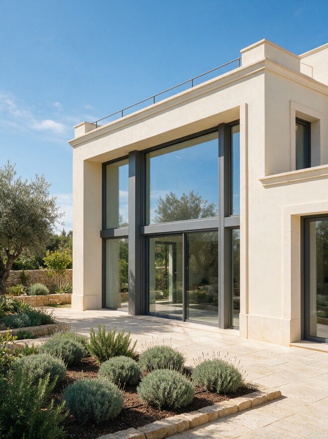 Fachada de una vivienda con grandes ventanales de aluminio gris antracita de perfil estrecho