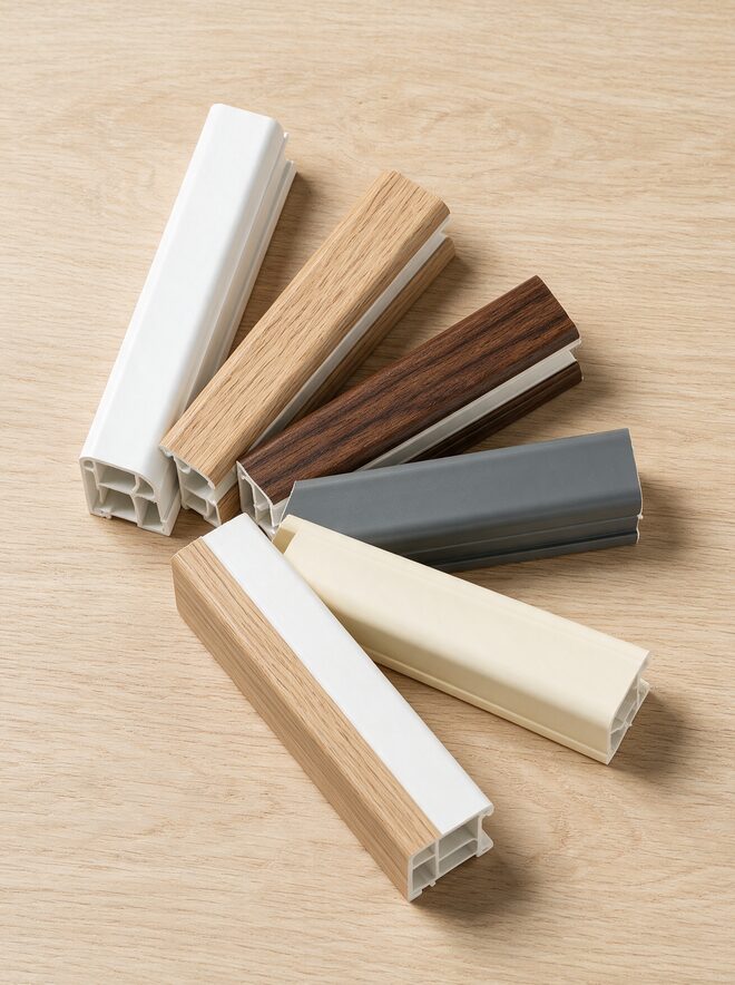 Muestras de perfil de PVC en blanco, roble, nogal, gris y bicolor, con las cámaras a la vista