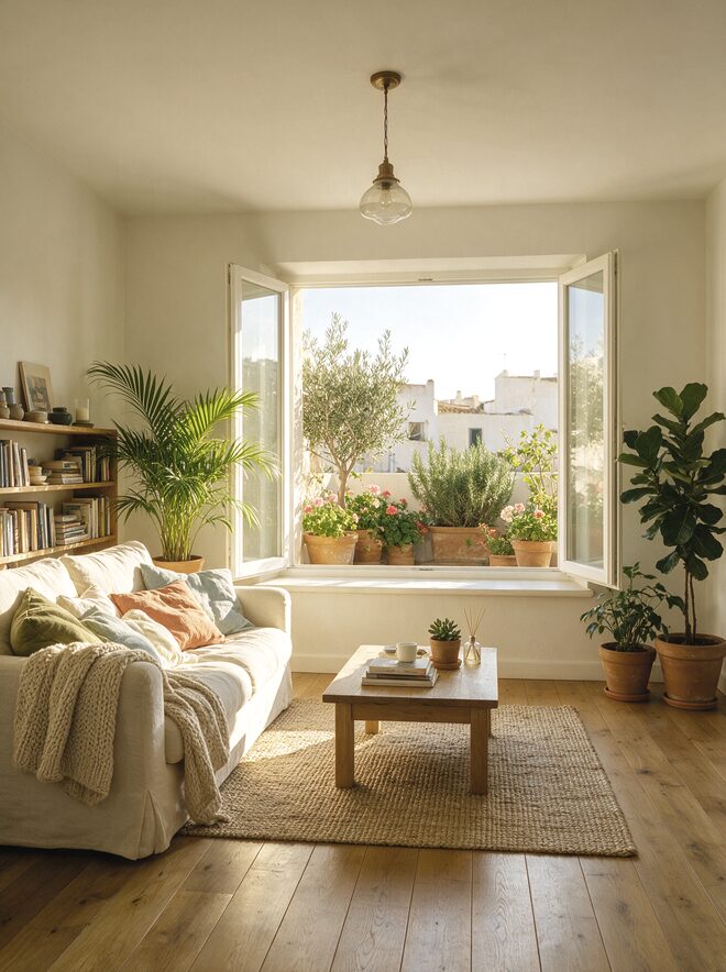 Salón habitado con la ventana blanca abierta de par en par sobre una terraza con macetas