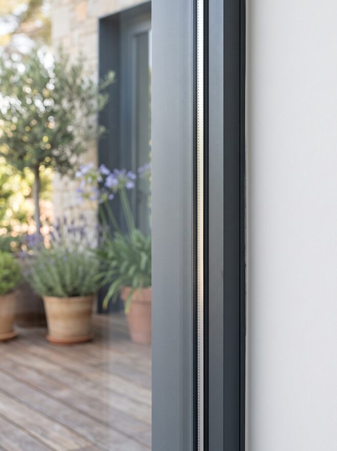 Detalle del perfil de una corredera de aluminio ya montada y rematada contra la pared